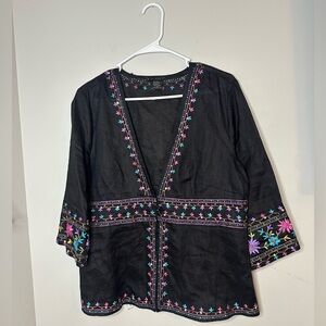 SilkLand Linen Black Blouse with Multicolor Embroidery Womens size X-LARGE